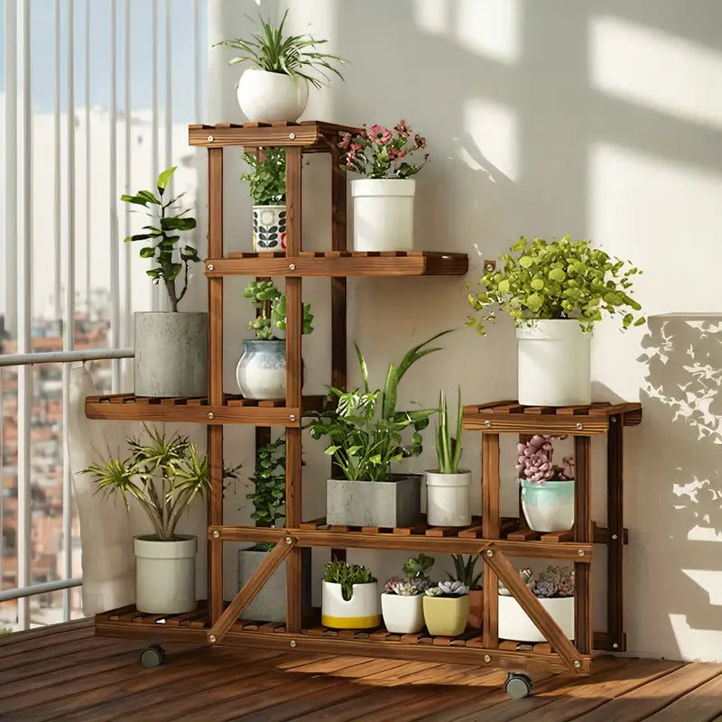 Estantería de Madera con Ruedas para Plantas – 6 Niveles Jardín Móvil