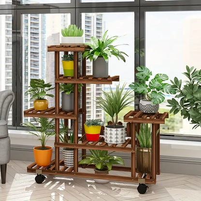 Estantería de Madera con Ruedas para Plantas – 6 Niveles Jardín Móvil