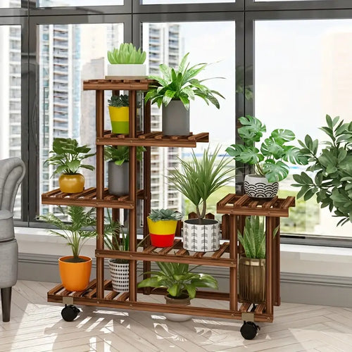 Estantería de Madera con Ruedas para Plantas – 6 Niveles Jardín Móvil