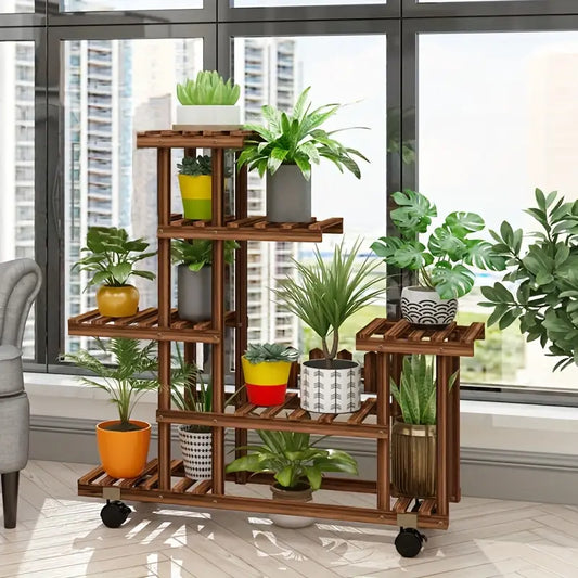 Estantería de Madera con Ruedas para Plantas – 6 Niveles Jardín Móvil