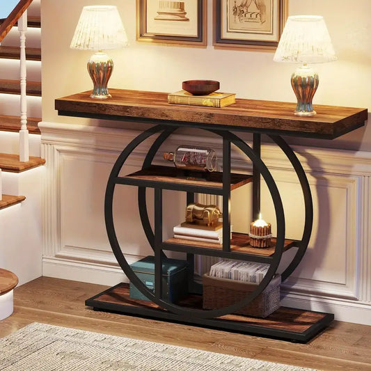 Mesa Consola de Entrada Industrial – Madera y Metal con Estantes de Almacenaje