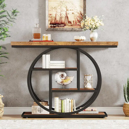 Mesa Consola de Entrada Industrial – Madera y Metal con Estantes de Almacenaje