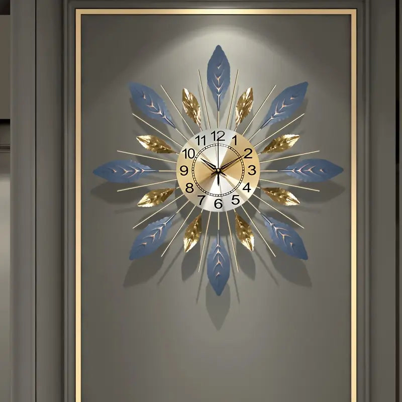 Reloj de Pared Decorativo – Diseño de Hojas Doradas y Azules