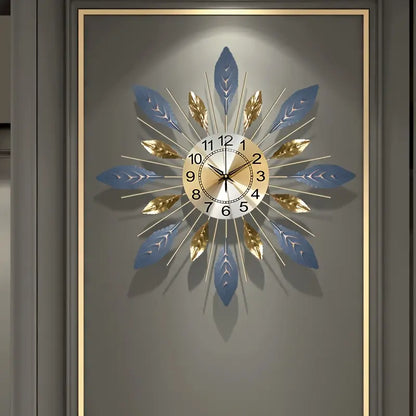 Reloj de Pared Decorativo – Diseño de Hojas Doradas y Azules