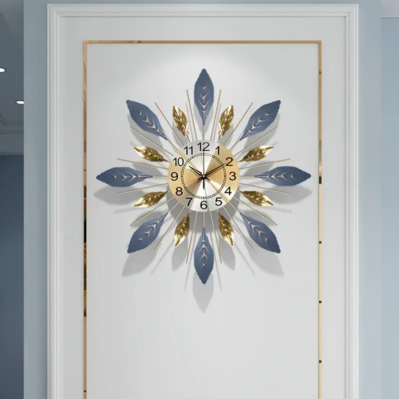 Reloj de Pared Decorativo – Diseño de Hojas Doradas y Azules
