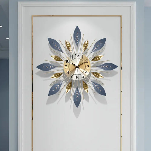 Reloj de Pared Decorativo – Diseño de Hojas Doradas y Azules