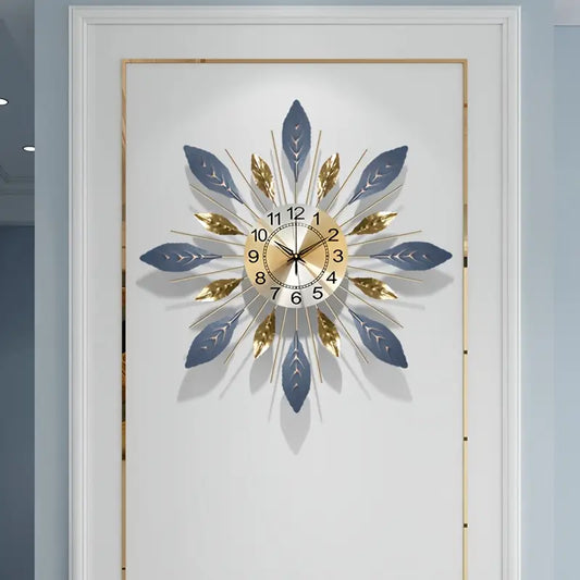 Reloj de Pared Decorativo – Diseño de Hojas Doradas y Azules
