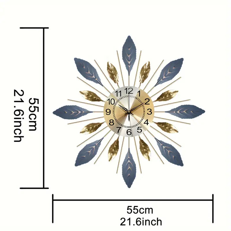 Reloj de Pared Decorativo – Diseño de Hojas Doradas y Azules